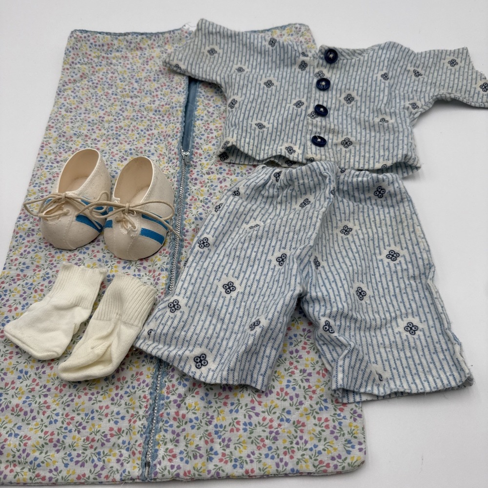 Vtg Cabbage Patch Kids Clothes Blue Stripe Outfit Shoes Socks Sleeping Bag FLAW